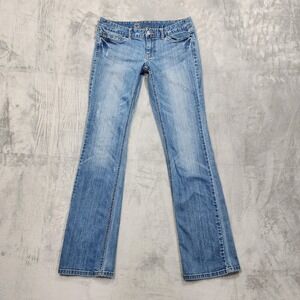 Mossimo Jeans Womens 8L LONG Blue Mid Rise Bootcut Distressed Stretch Denim